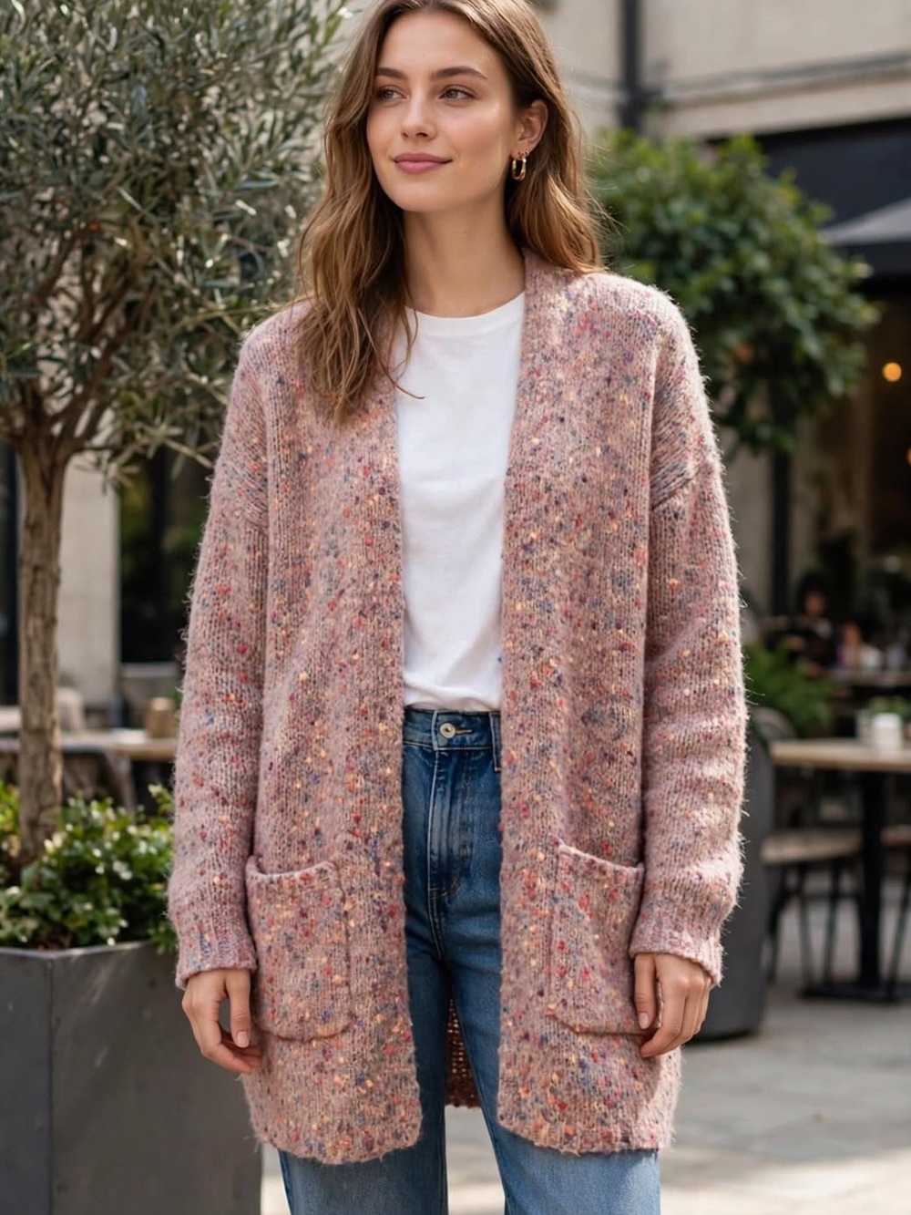 Sienna Sky Pink Speckled Open-Front Cardigan